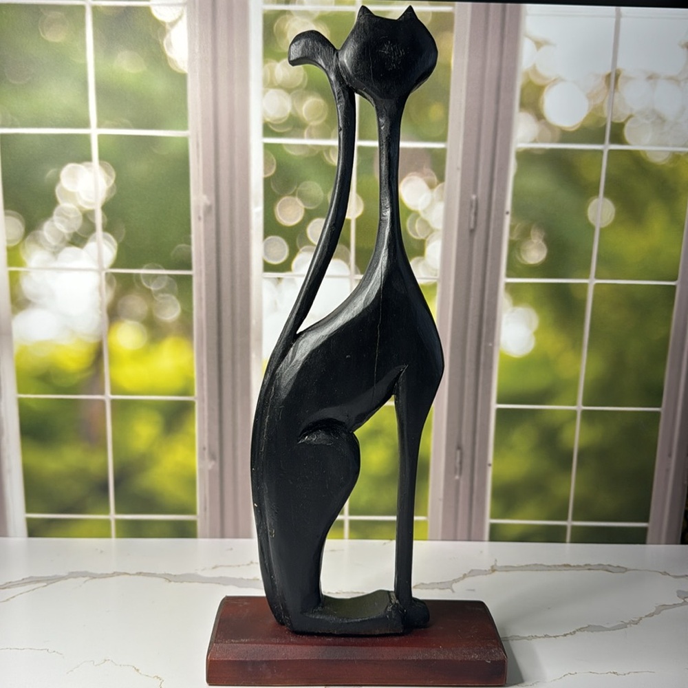 Handcrafted artisan woodentall thin Black Cat Sculpture - Picture 7 of 14